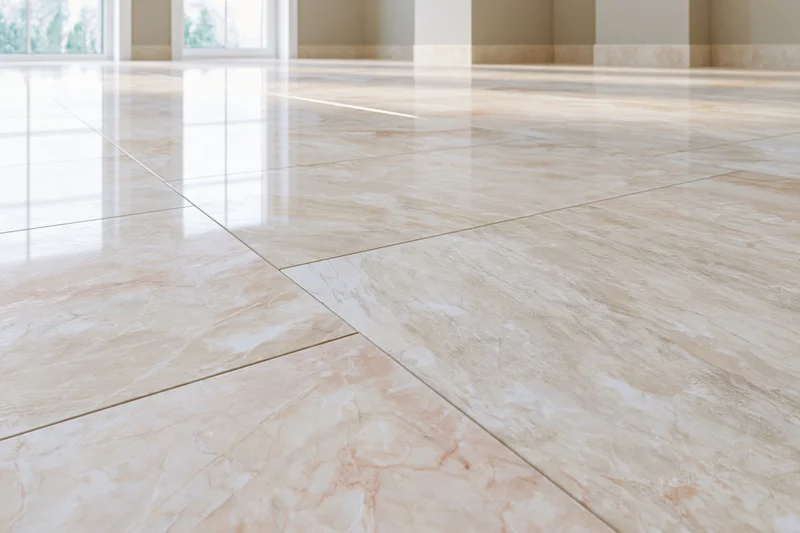 Polished marble tile floor stretching toward windows in a spacious interior