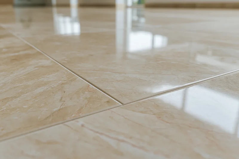 Polished beige marble tile floor with reflective surface and grout lines in interior space
