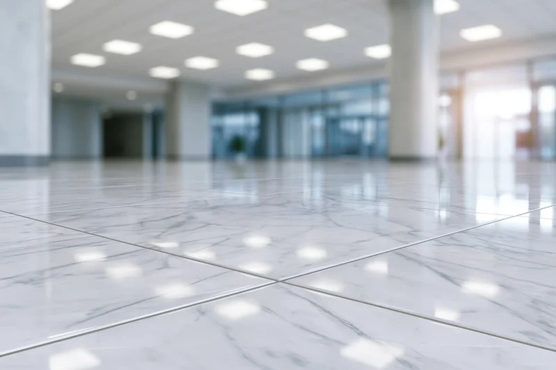 Polished white marble-effect ceramic tile floor in an empty modern office lobby