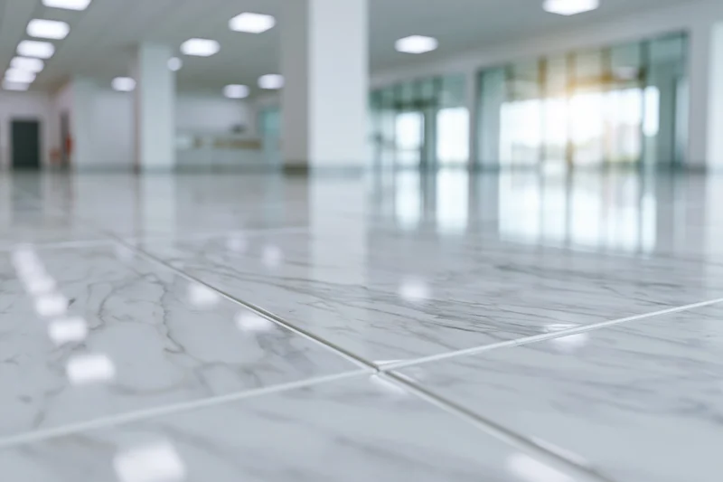 Polished white marble-effect ceramic tile floor in an empty modern office lobby