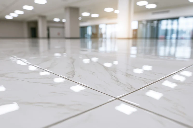 Polished white marble-effect ceramic tile floor in an empty commercial building lobby