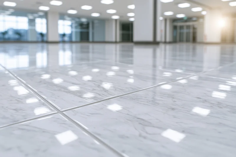 Polished white marble-effect ceramic tile floor in an empty office lobby