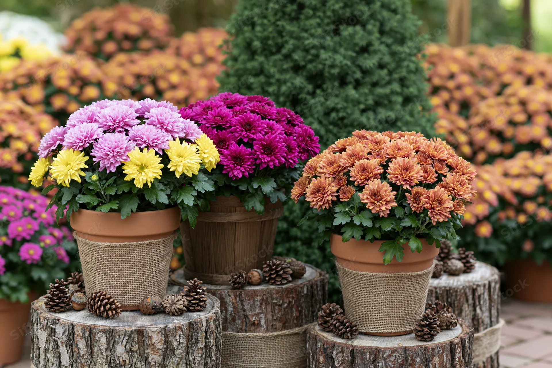 Potted chrysanthemums in pink, yellow, magenta and orange arranged on tree stumps with pinecones in a garden display