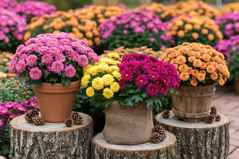Potted chrysanthemums in pink, yellow, magenta and orange arranged on tree stumps with pinecones in a garden display