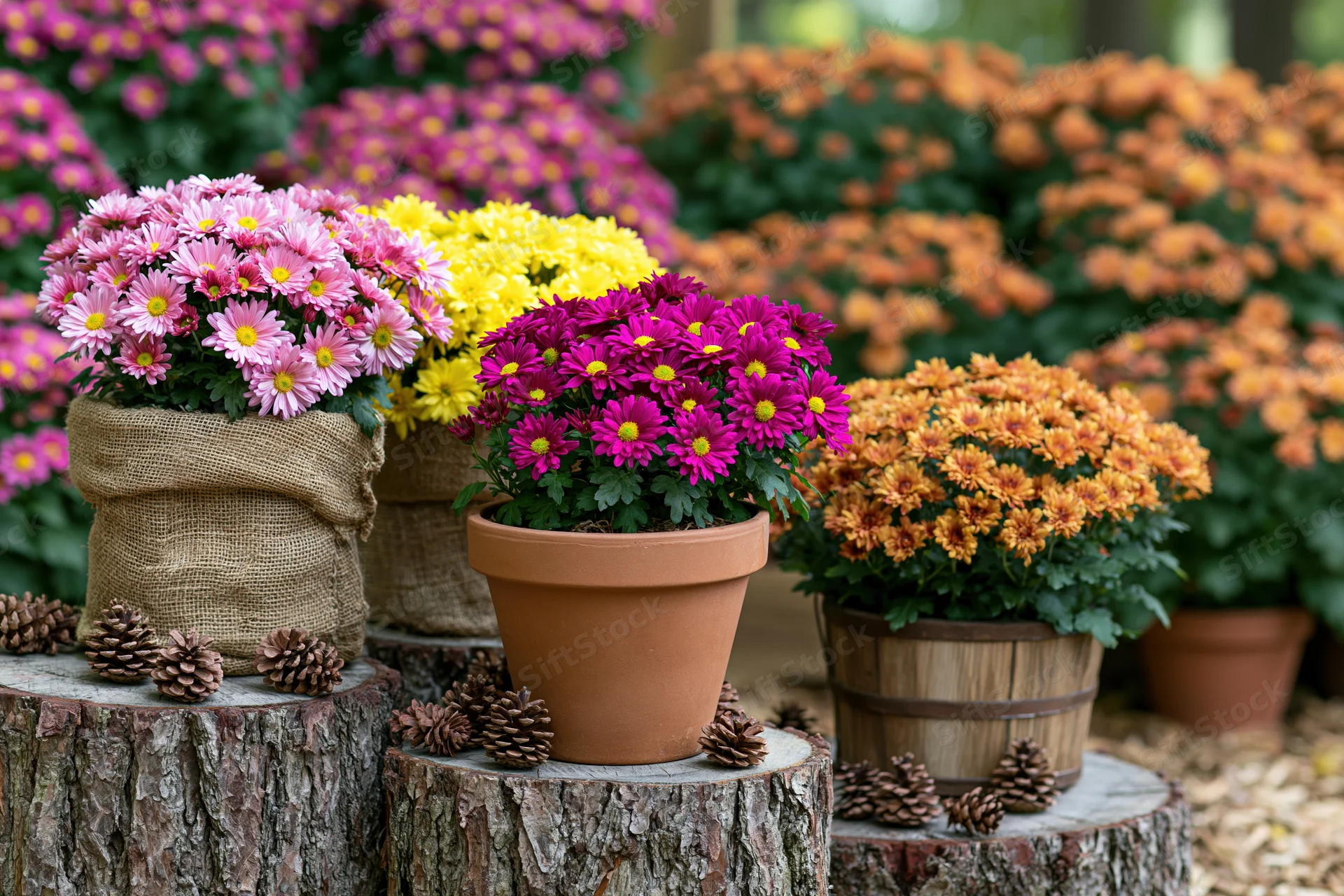 Potted chrysanthemums in pink, yellow, magenta and orange arranged on tree stumps with pinecones in a garden setting