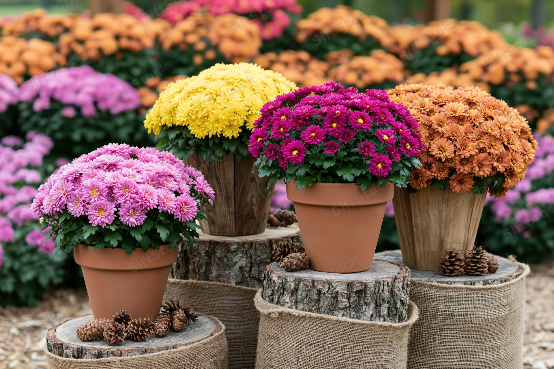 Potted chrysanthemums in pink, yellow, magenta and orange arranged on tree stumps wrapped in burlap with pinecones in a garden setting