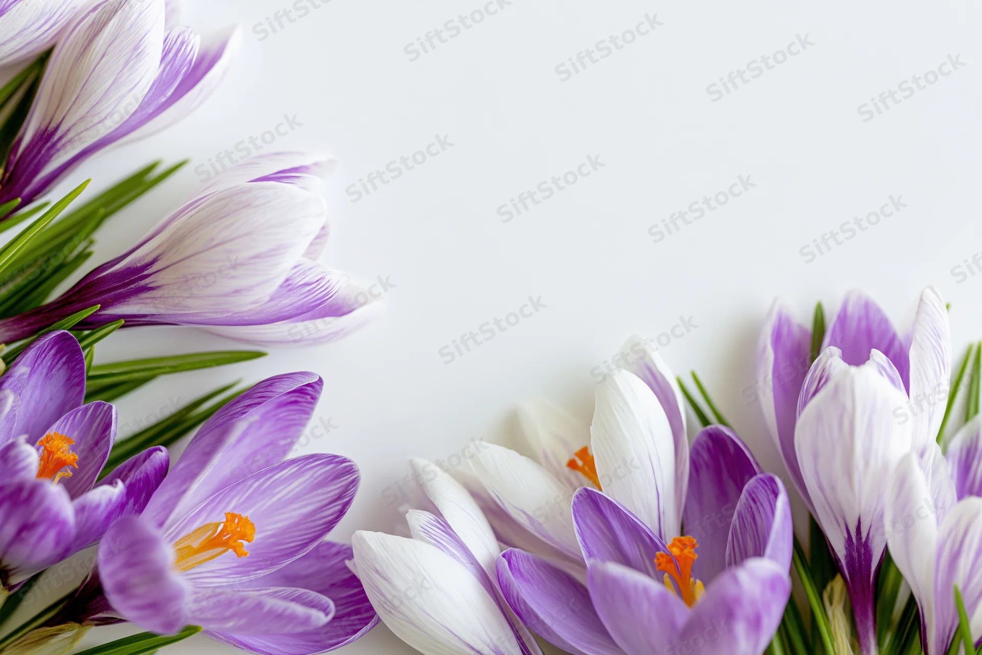 Purple and white crocus flowers with orange stamens arranged in a flat lay on white background with copyspace