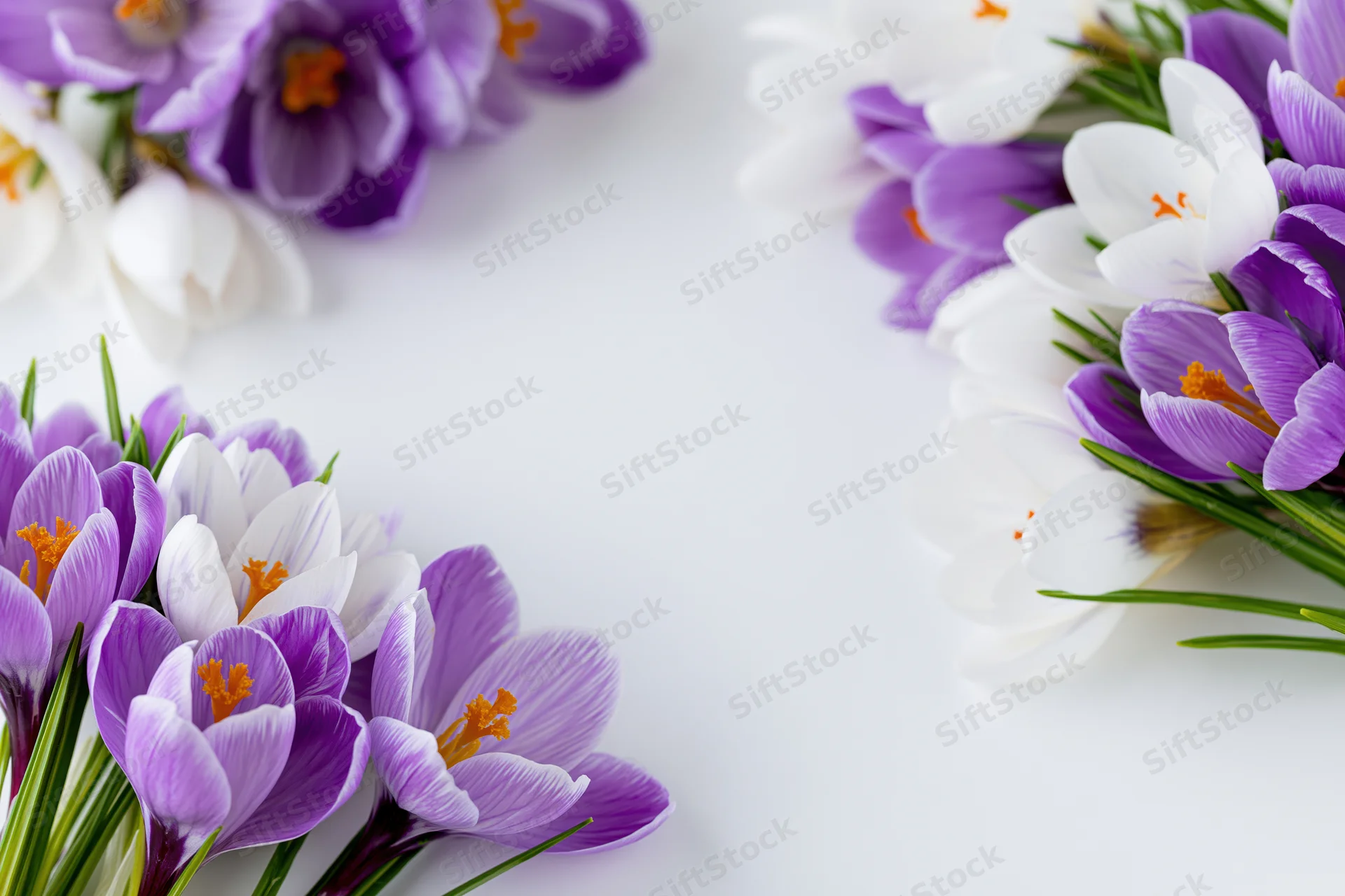 Purple and white crocus flowers with orange stamens arranged in a frame on a white surface with copyspace