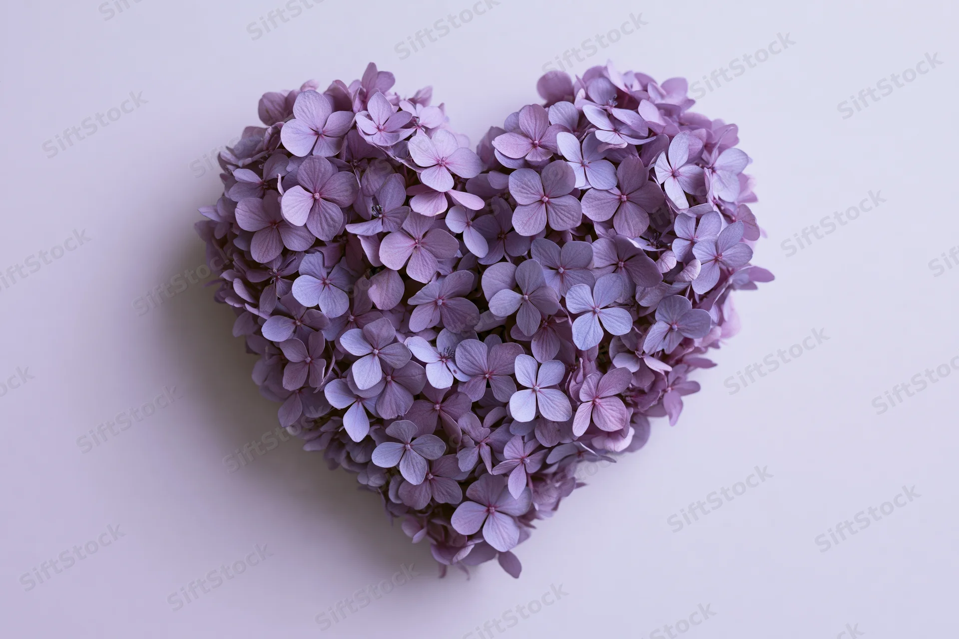 Purple hydrangea blooms arranged in heart shape on white background
