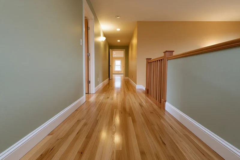 Empty residential hallway on upper floor with hardwood flooring and wooden railing leading to doorway at end