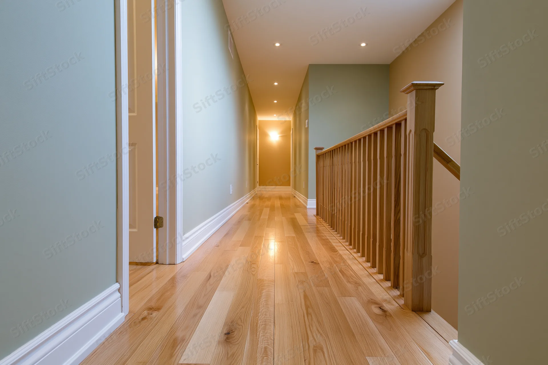 Empty residential hallway with hardwood flooring and staircase railing on upper floor