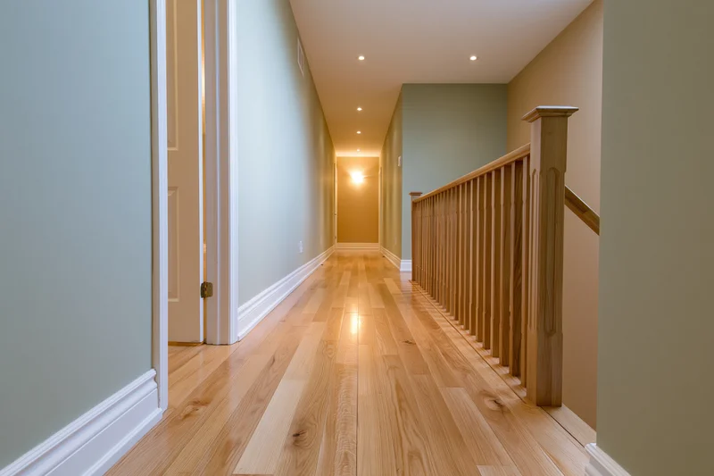 Empty residential hallway with hardwood flooring and staircase railing on upper floor