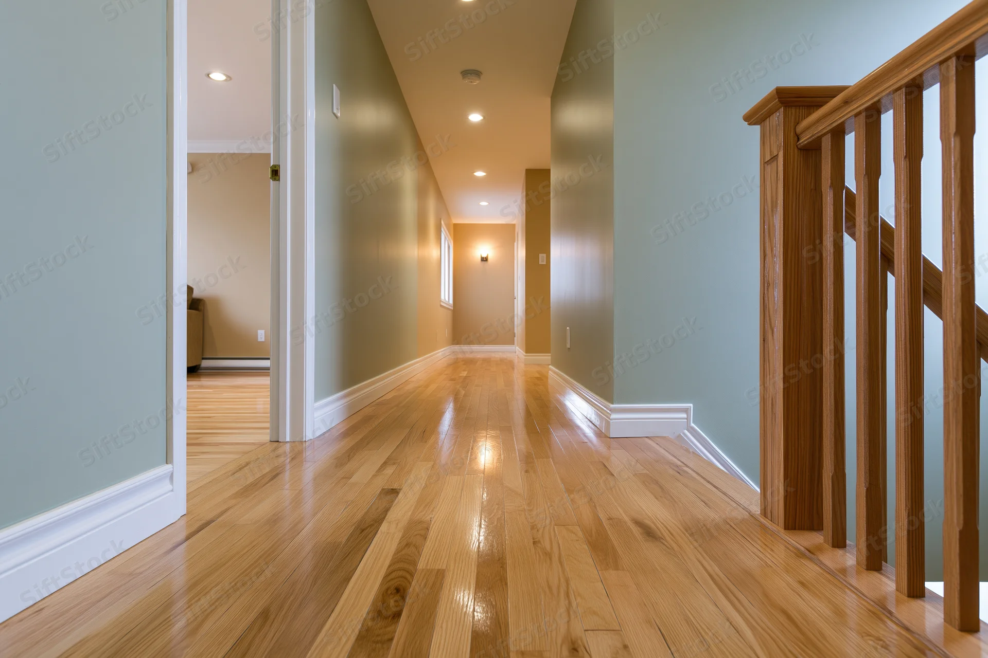 Empty residential hallway with hardwood flooring and wooden staircase railing on upper floor