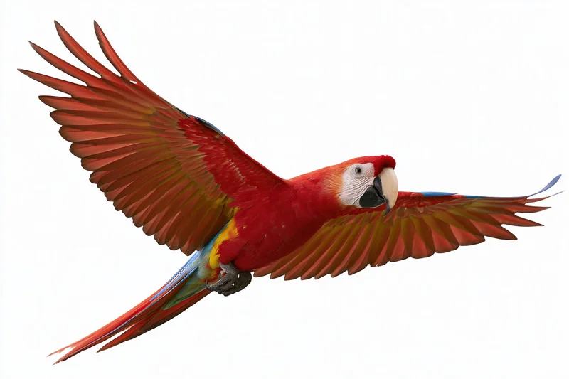 Scarlet macaw in mid-flight with wings fully spread against white background