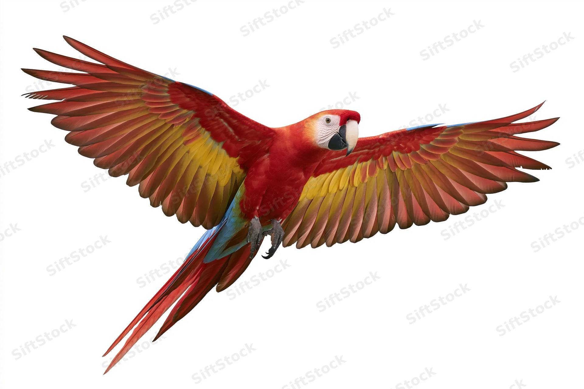 Scarlet macaw in mid-flight with wings fully spread against white background