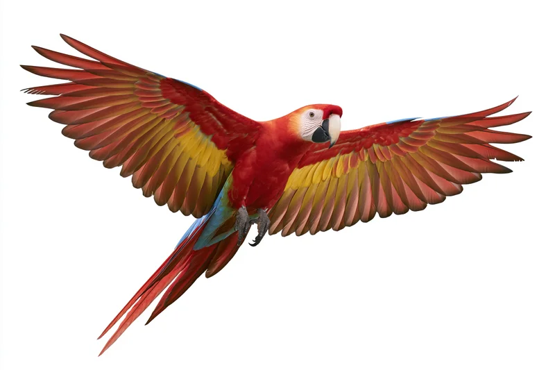 Scarlet macaw in mid-flight with wings fully spread against white background