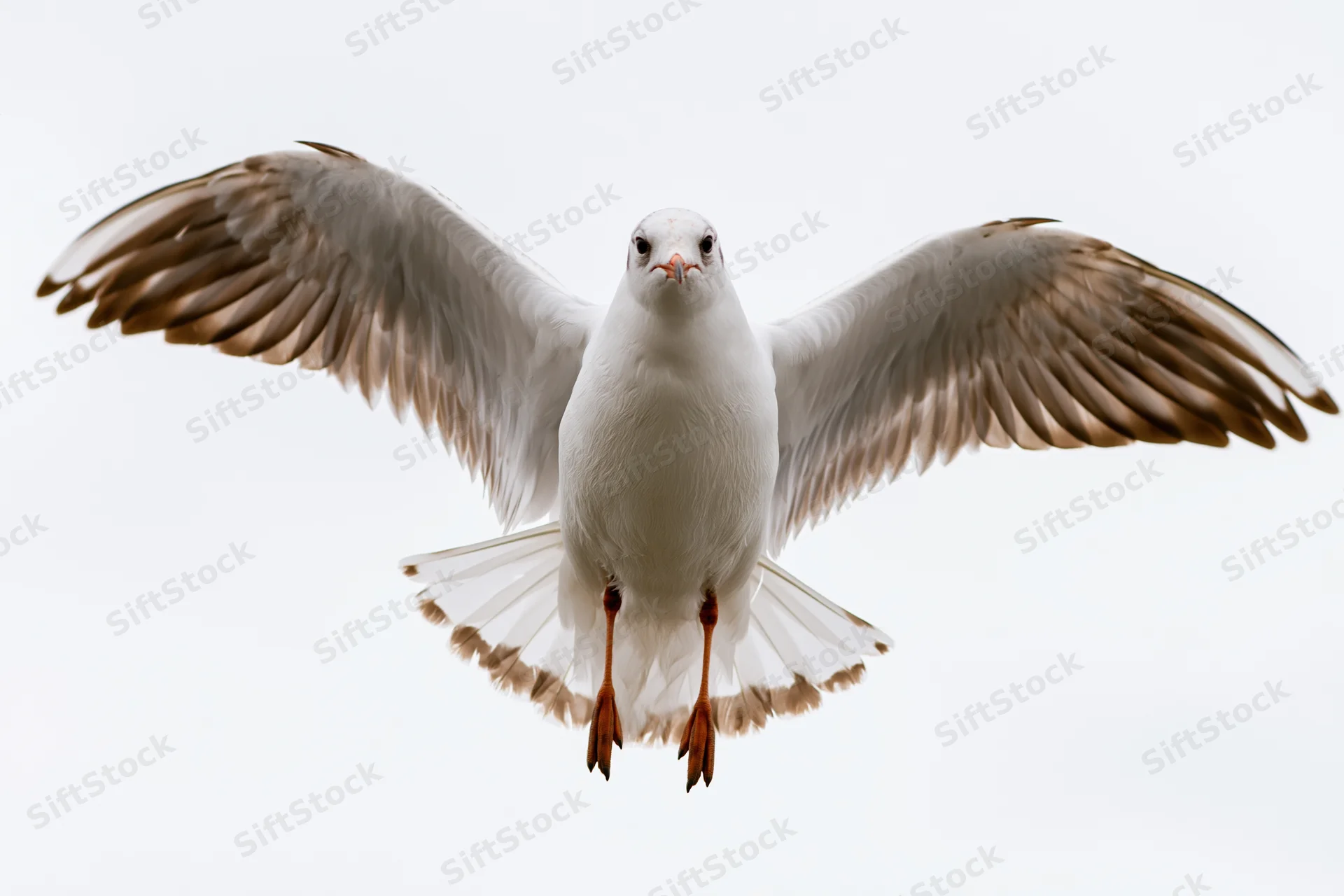 Seagull hovering mid-flight with wings fully spread against white sky