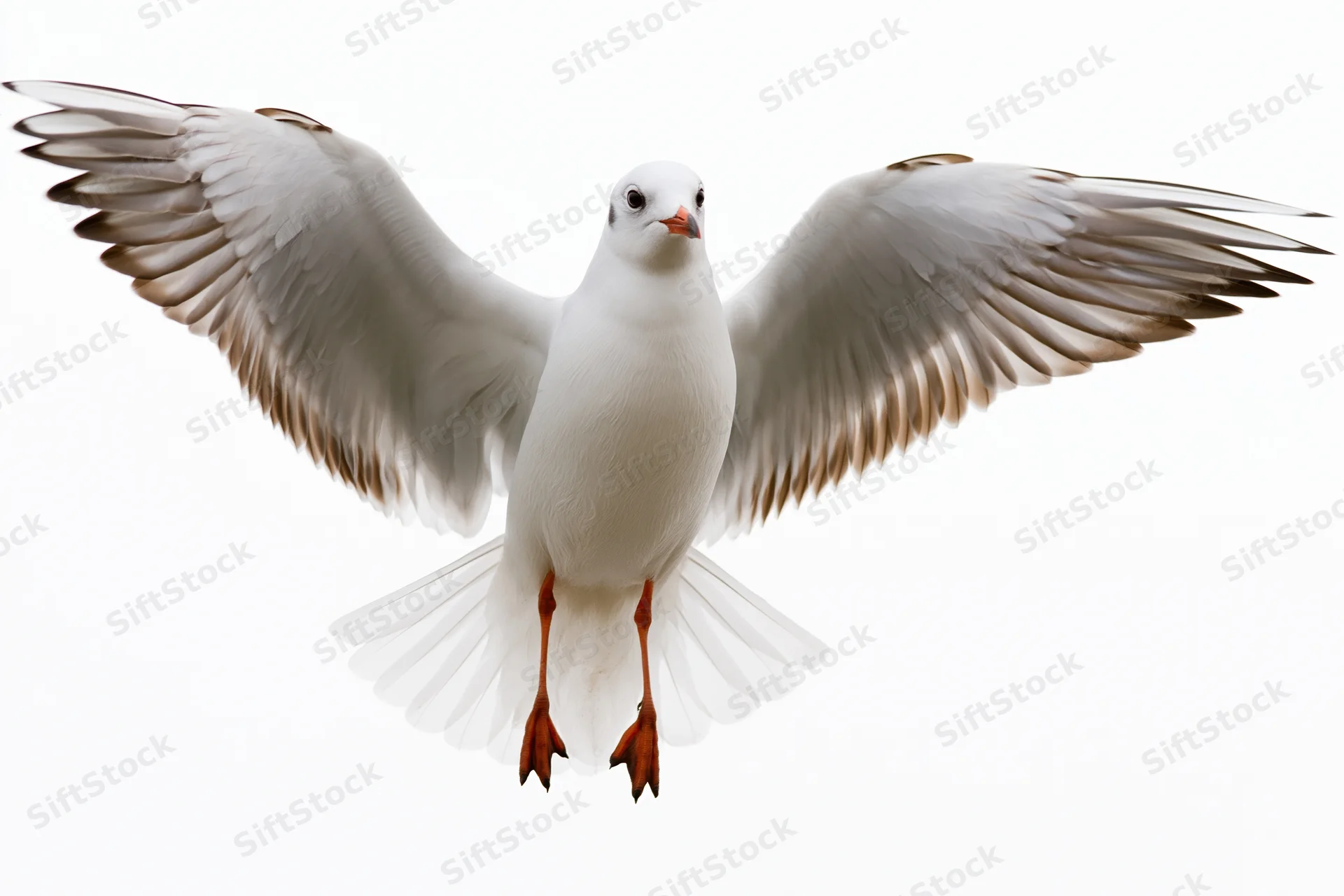 Seagull hovering mid-flight with wings fully spread against white background