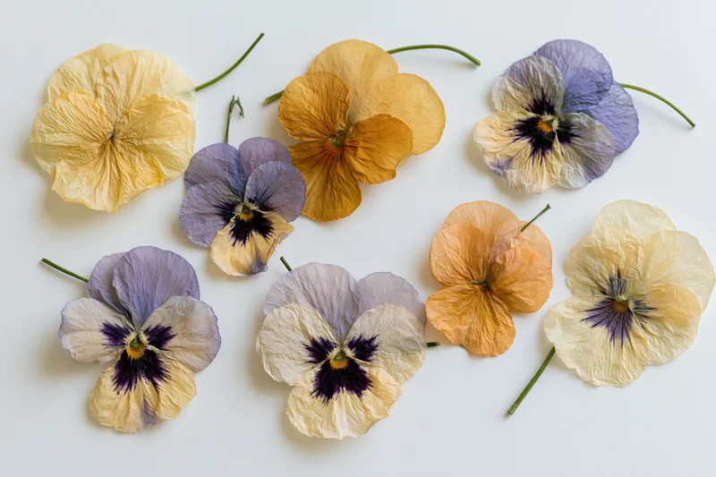 Seven pressed and dried pansy flowers arranged loosely on a white background
