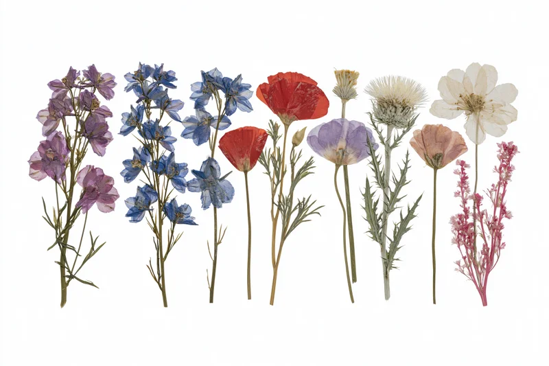Seven pressed and dried wildflowers arranged in a flat lay on white background