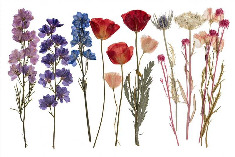 Seven pressed and dried wildflowers arranged in a flat lay on white background