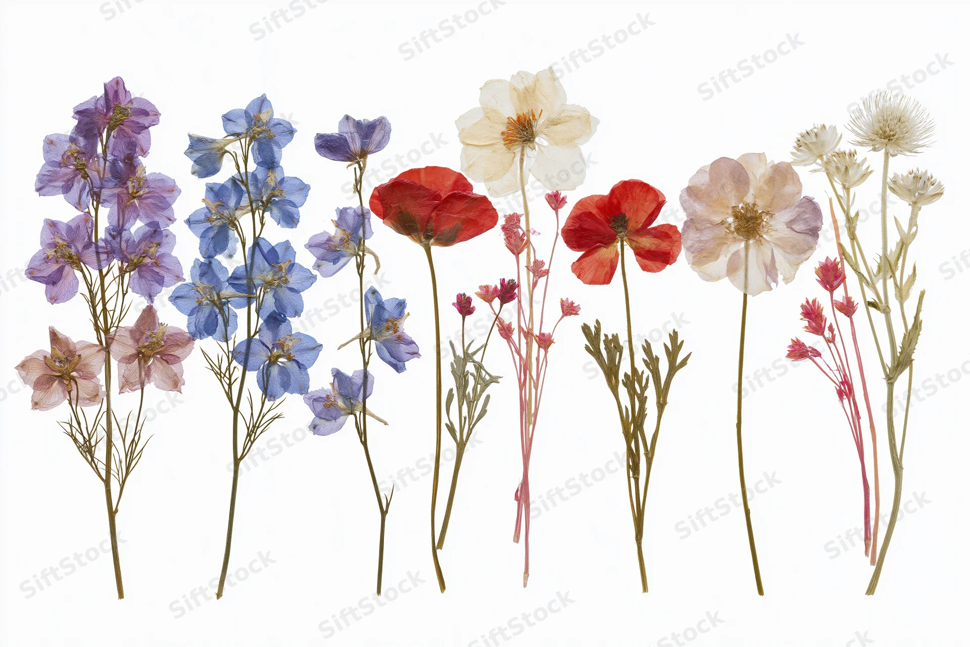 Seven pressed and dried wildflowers arranged in a flat lay on white background