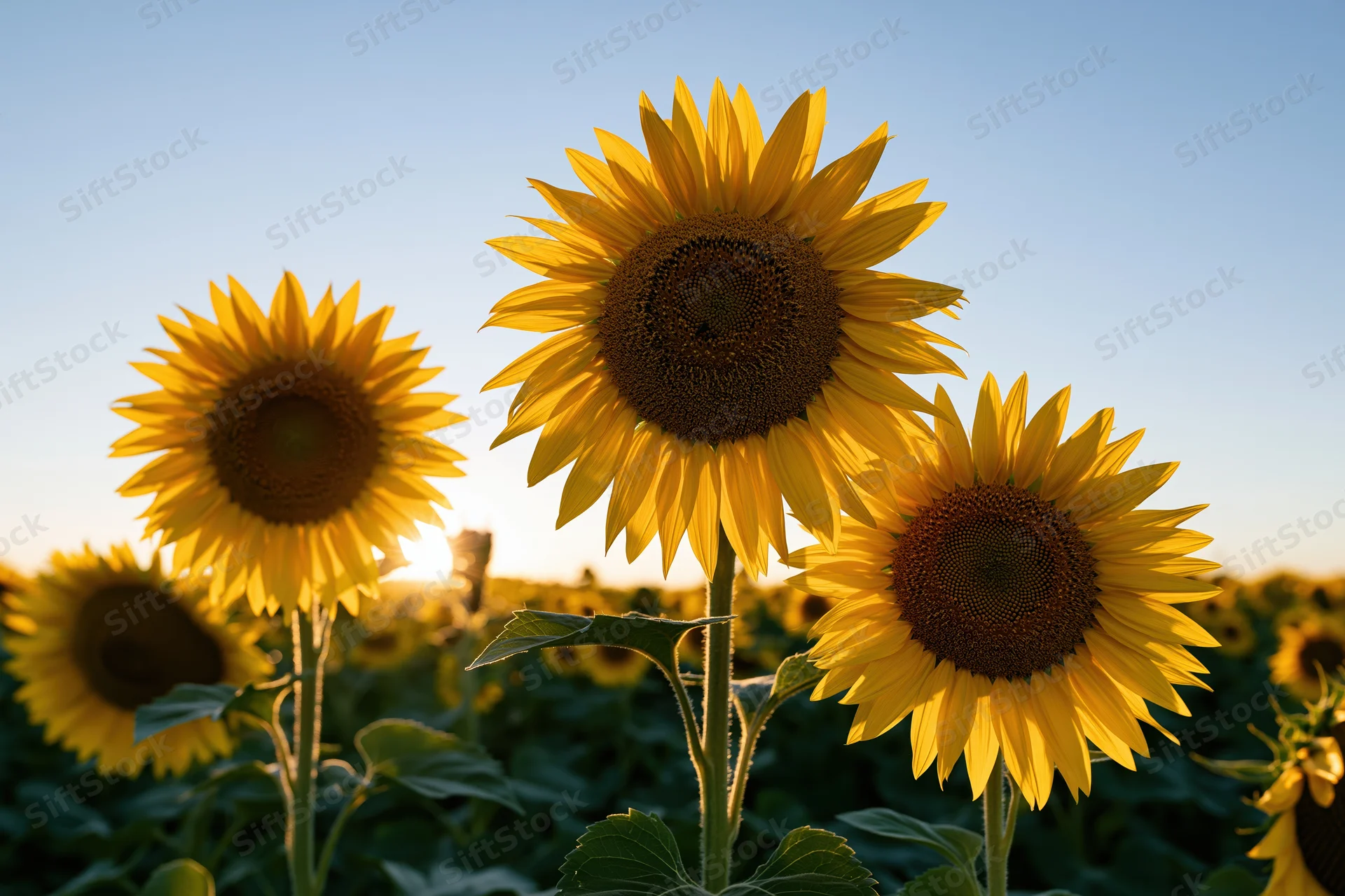 Large sunflowers in full bloom facing low sun in a field
