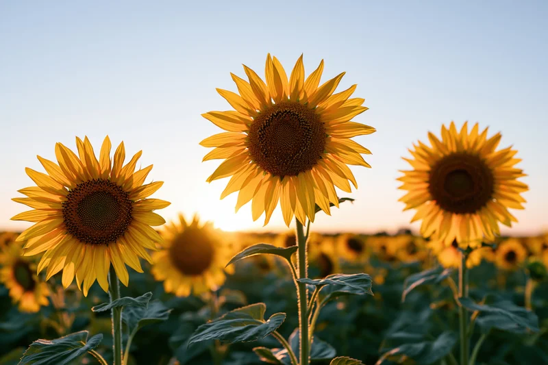 Sunflowers in full bloom facing low sun in a field