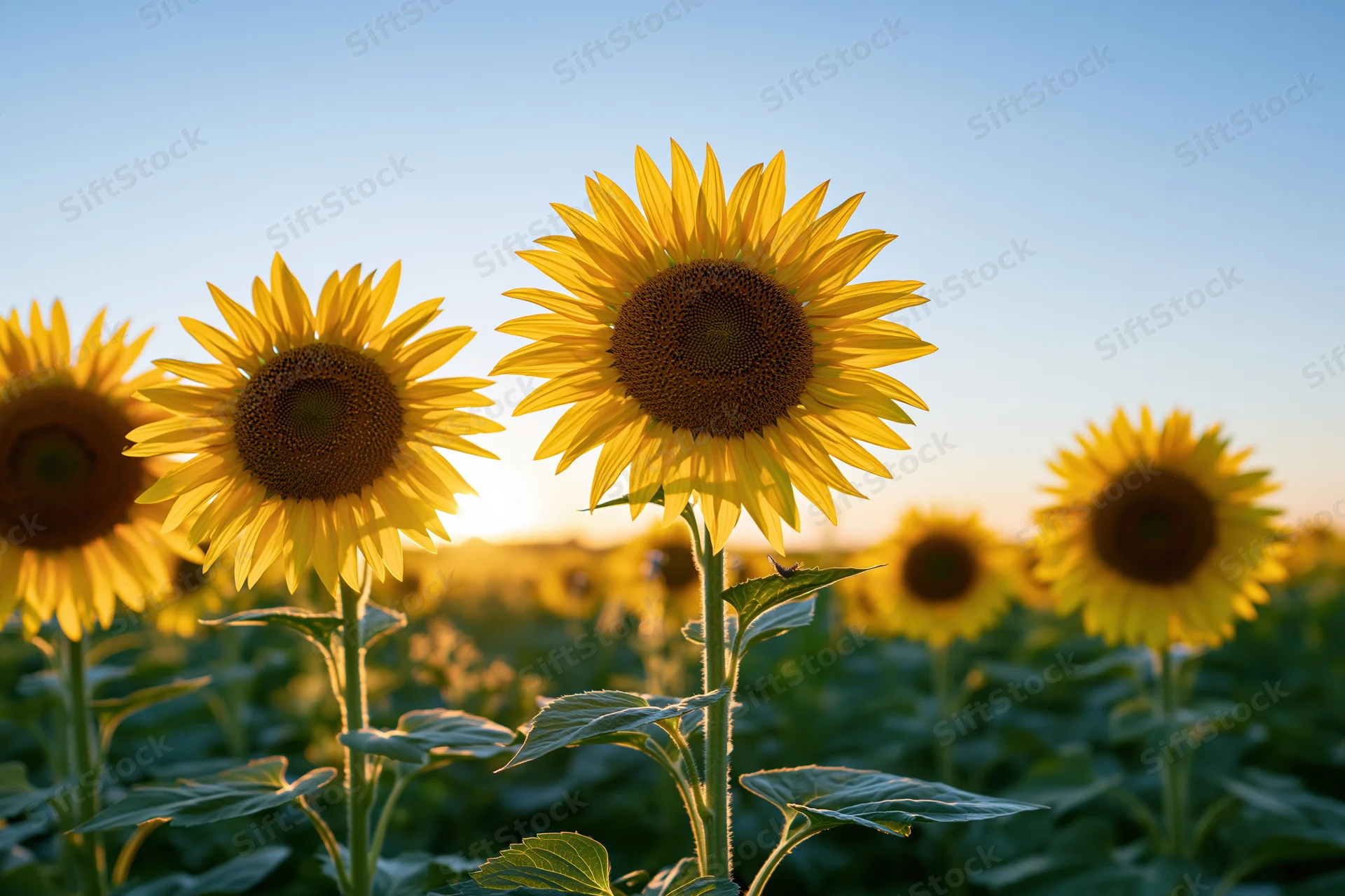 Sunflowers in full bloom facing low sun in a field