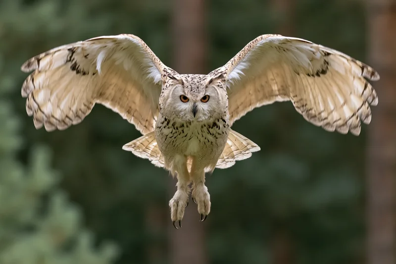 Siberian eagle owl in mid-flight with wings spread and talons extended over forest backdrop