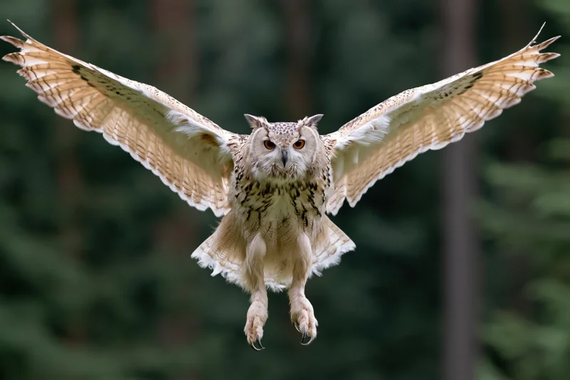 Siberian eagle owl in mid-flight with wings fully spread and talons extended over forest background