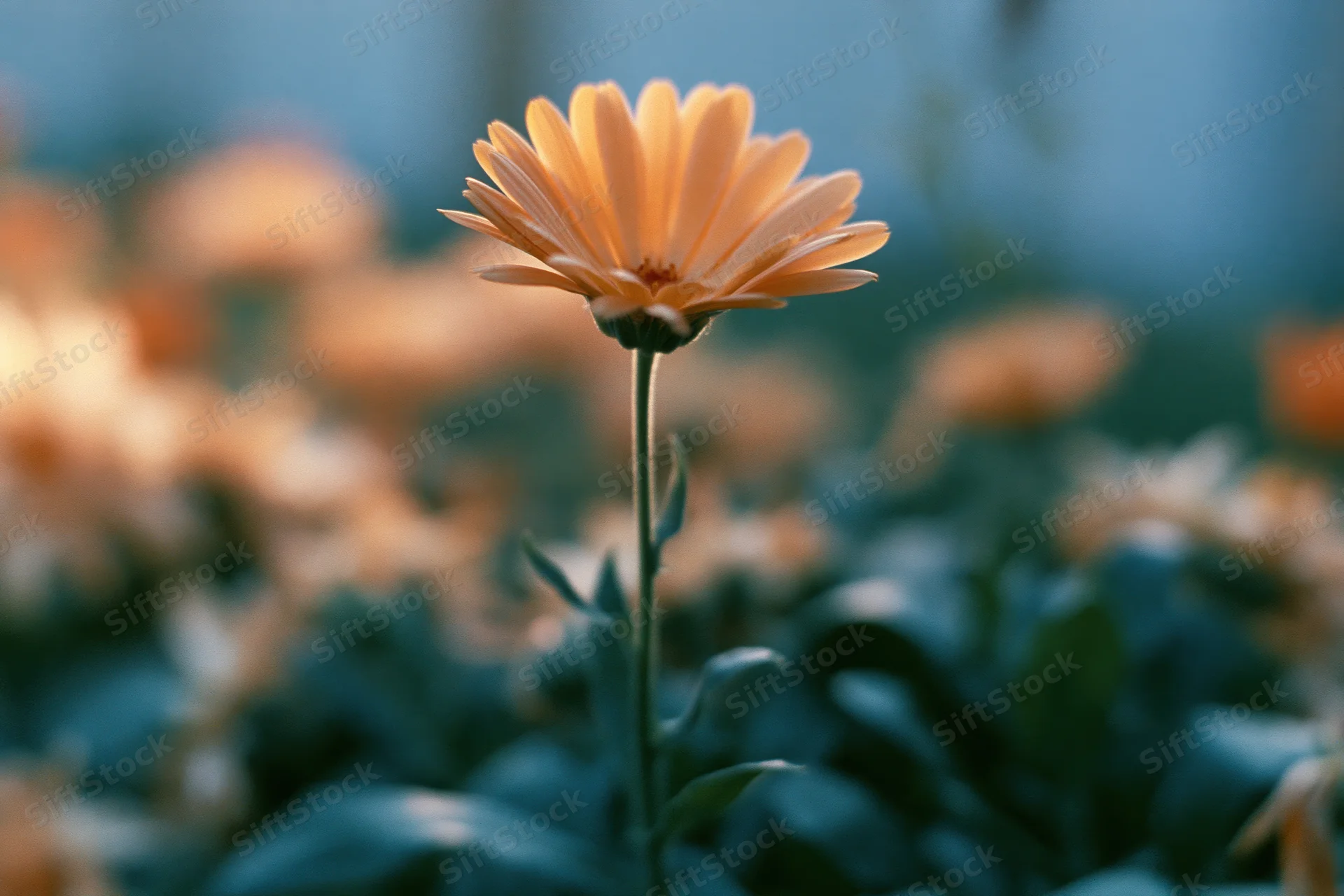 Single pale orange daisy in full bloom with upright stem among blurred green foliage and other flowers in background