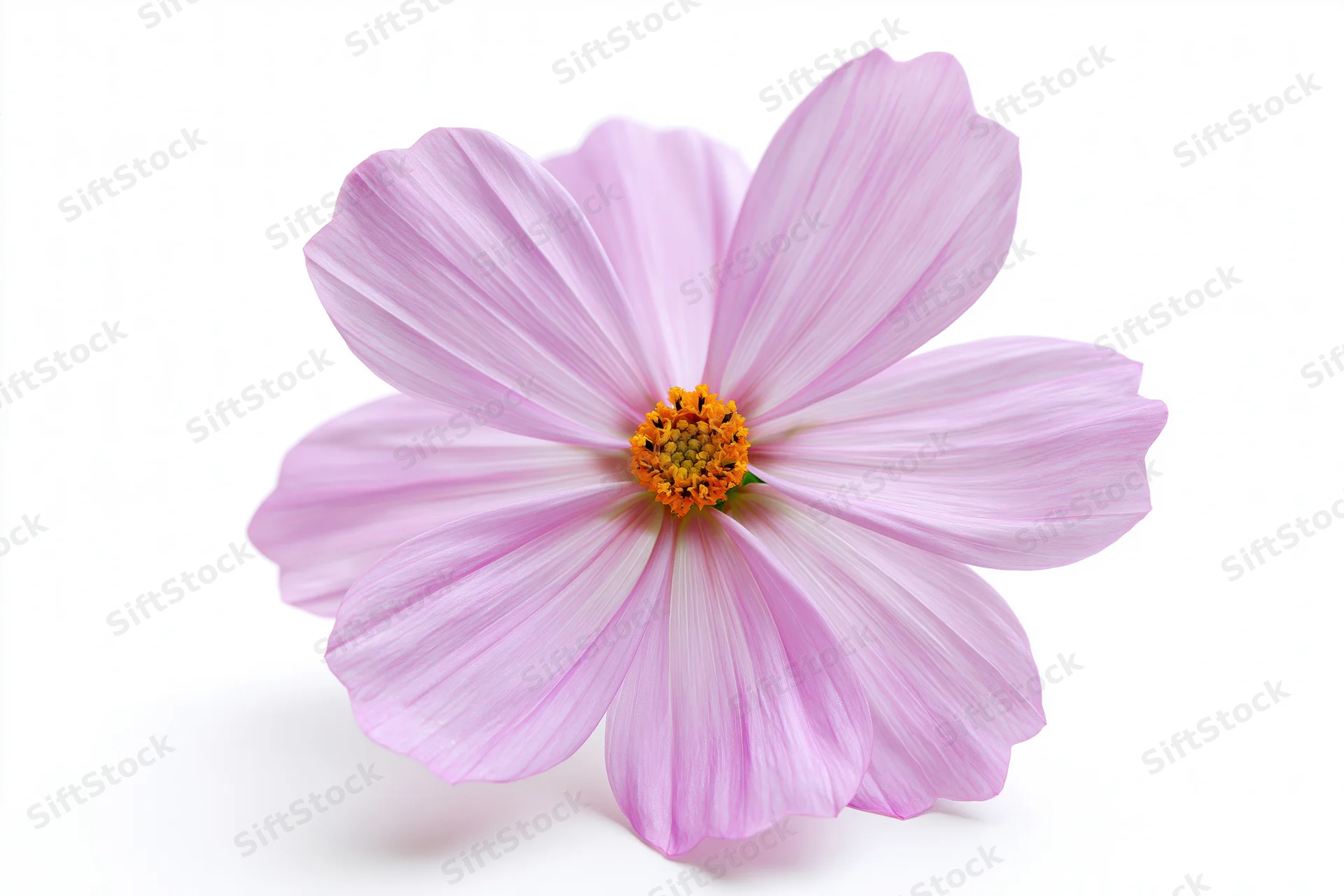 Single pink cosmos flower with eight delicate petals and orange center isolated on white background