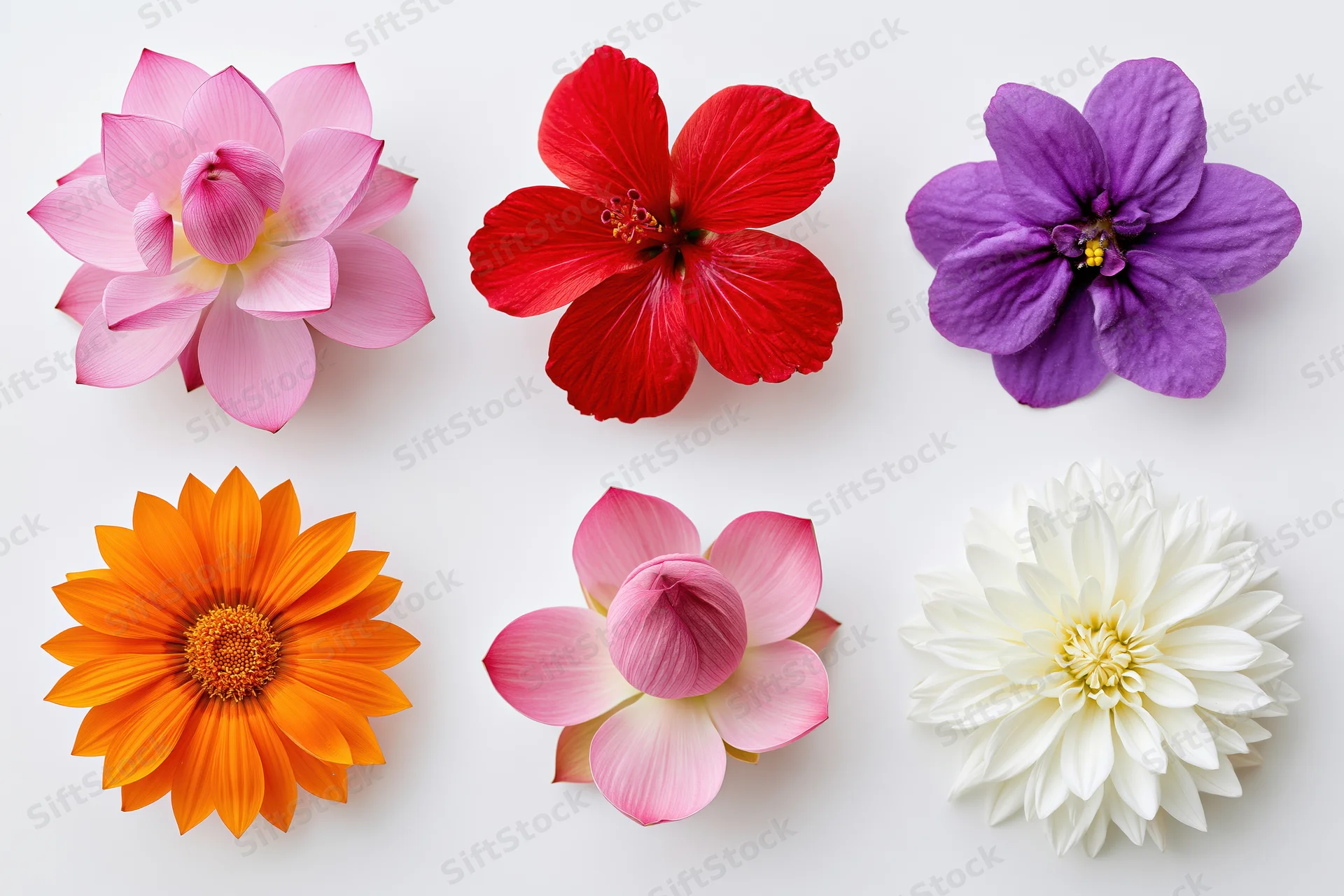 Six individual flower heads arranged in a two-row grid against a white background