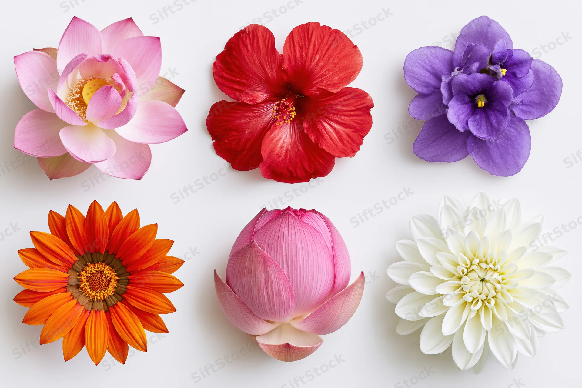 Six individual flower heads arranged in a two-row grid against a white background