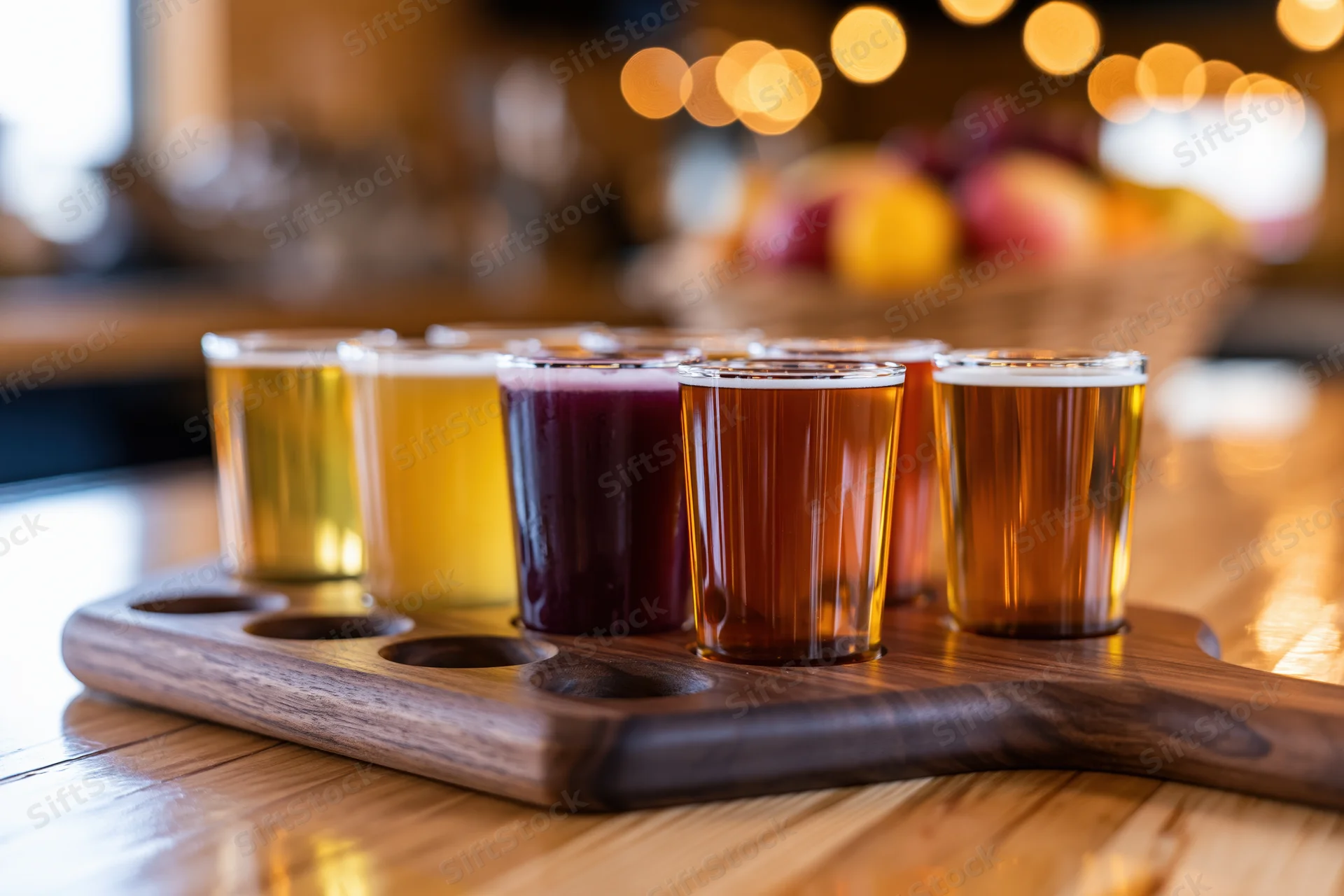Six small glasses of craft beer arranged on a wooden tray in a bar setting