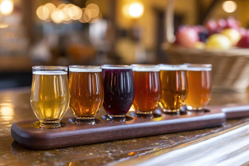 Six small glasses of craft beer arranged in a row on a wooden tray at a bar