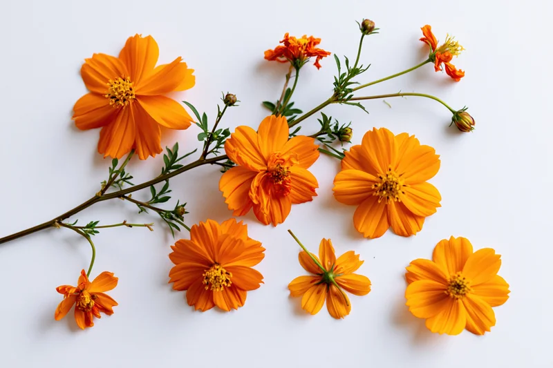 Orange cosmos flowers scattered on white background with stems and buds