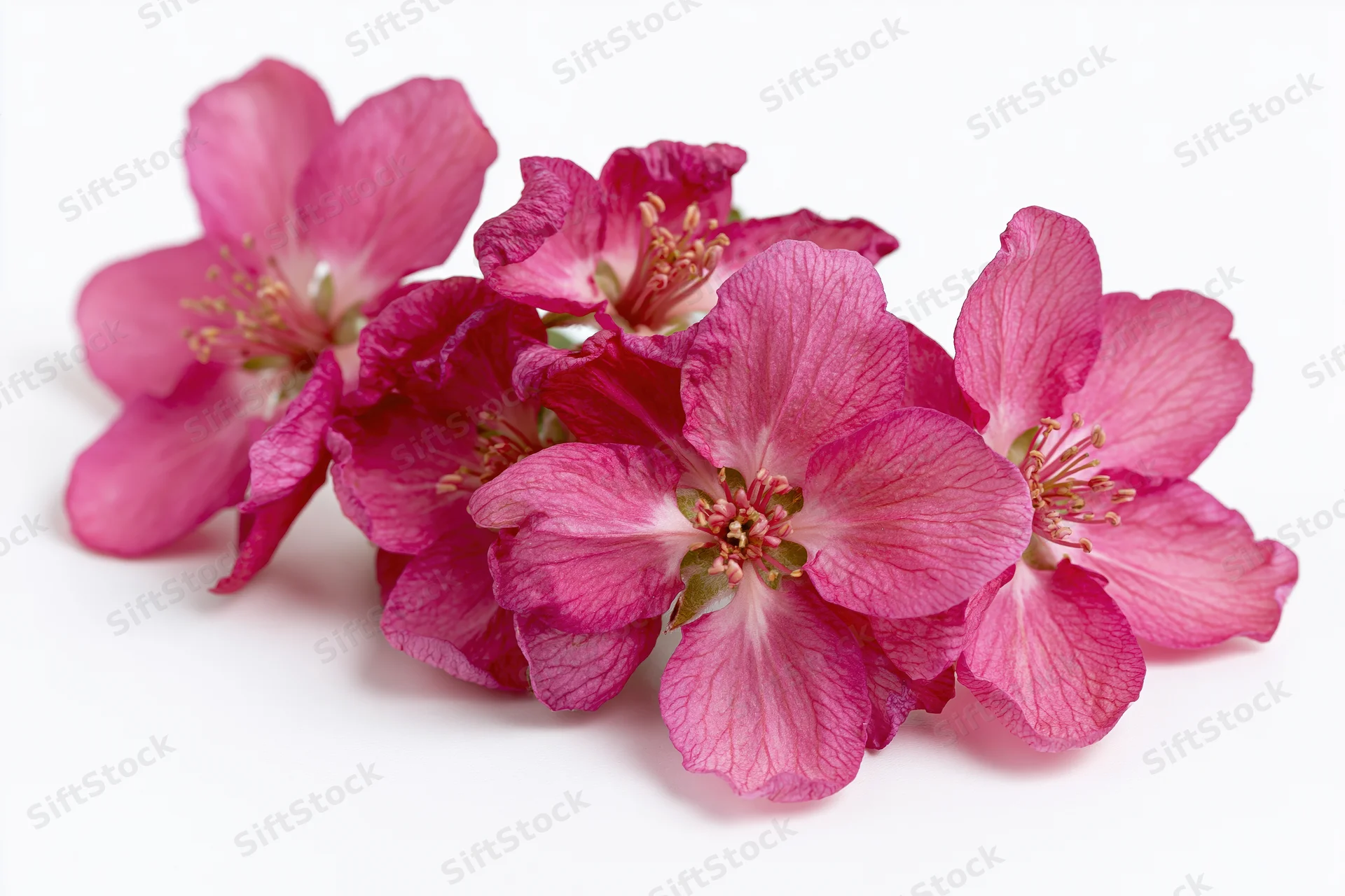 Cluster of deep pink crabapple blossoms arranged on white background