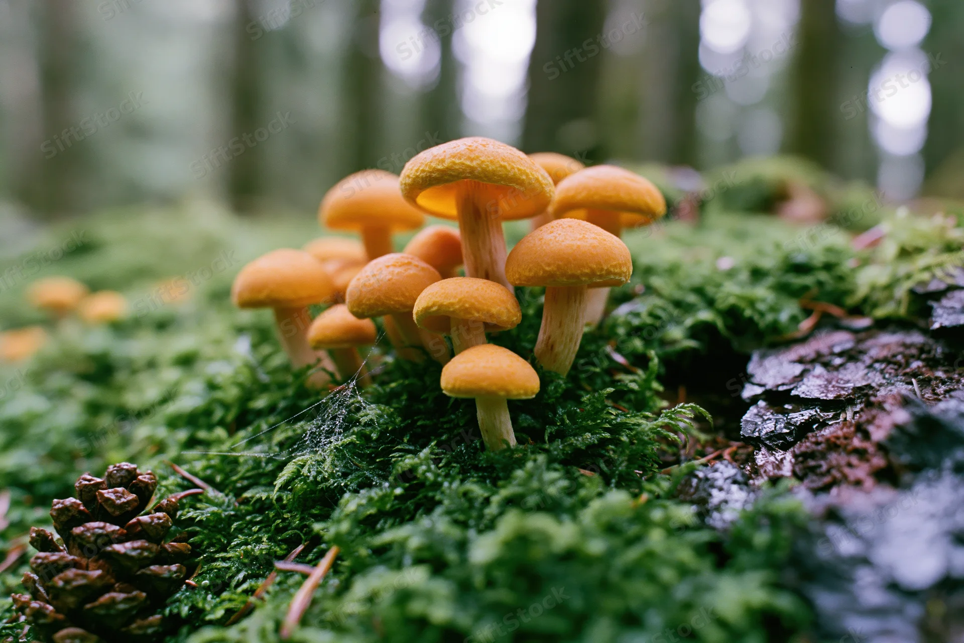 Cluster of orange-capped wild mushrooms growing on mossy forest floor among pinecones