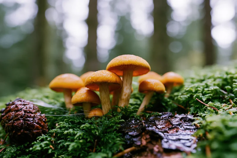 Cluster of orange-capped wild mushrooms growing on mossy forest floor near pinecone