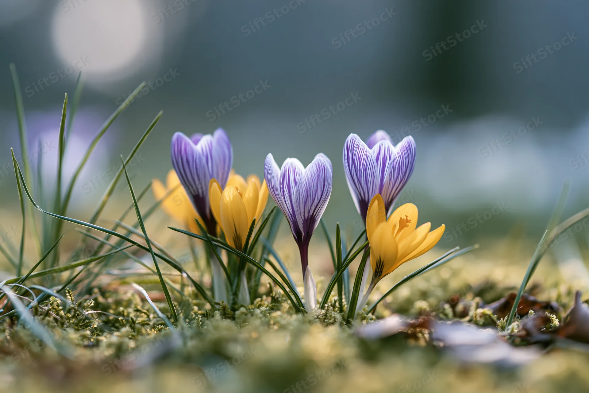 Small cluster of purple-striped and yellow crocus flowers blooming in mossy ground among green grass