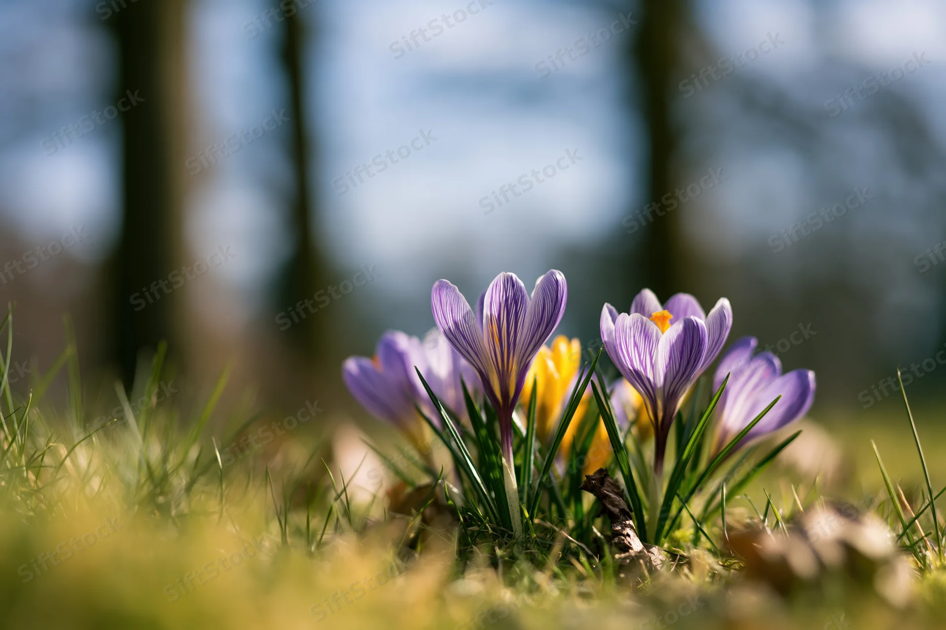 Small cluster of purple and yellow crocus flowers blooming in grassy meadow under sunlight