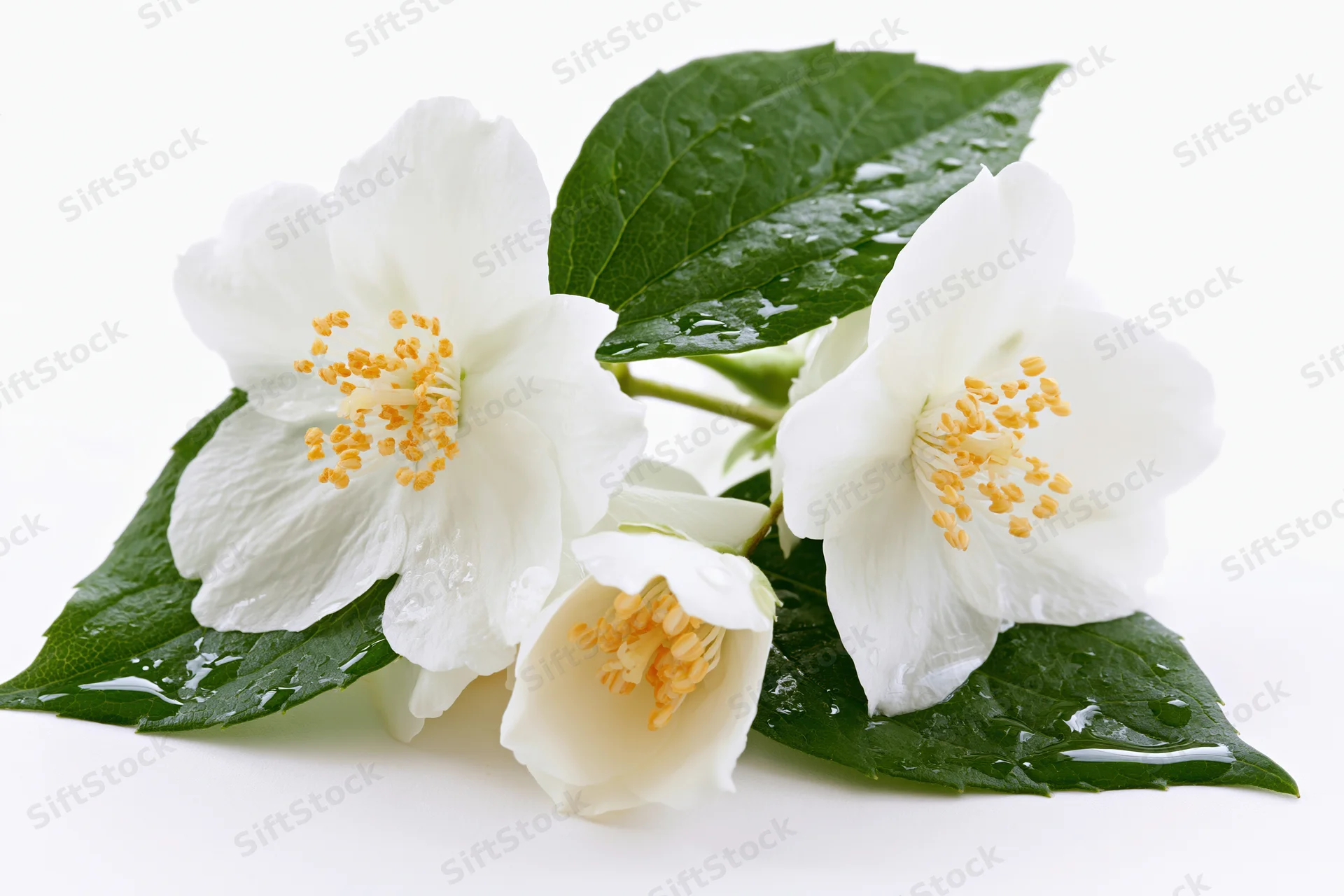 Small cluster of white jasmine flowers with yellow stamens and green leaves on white background