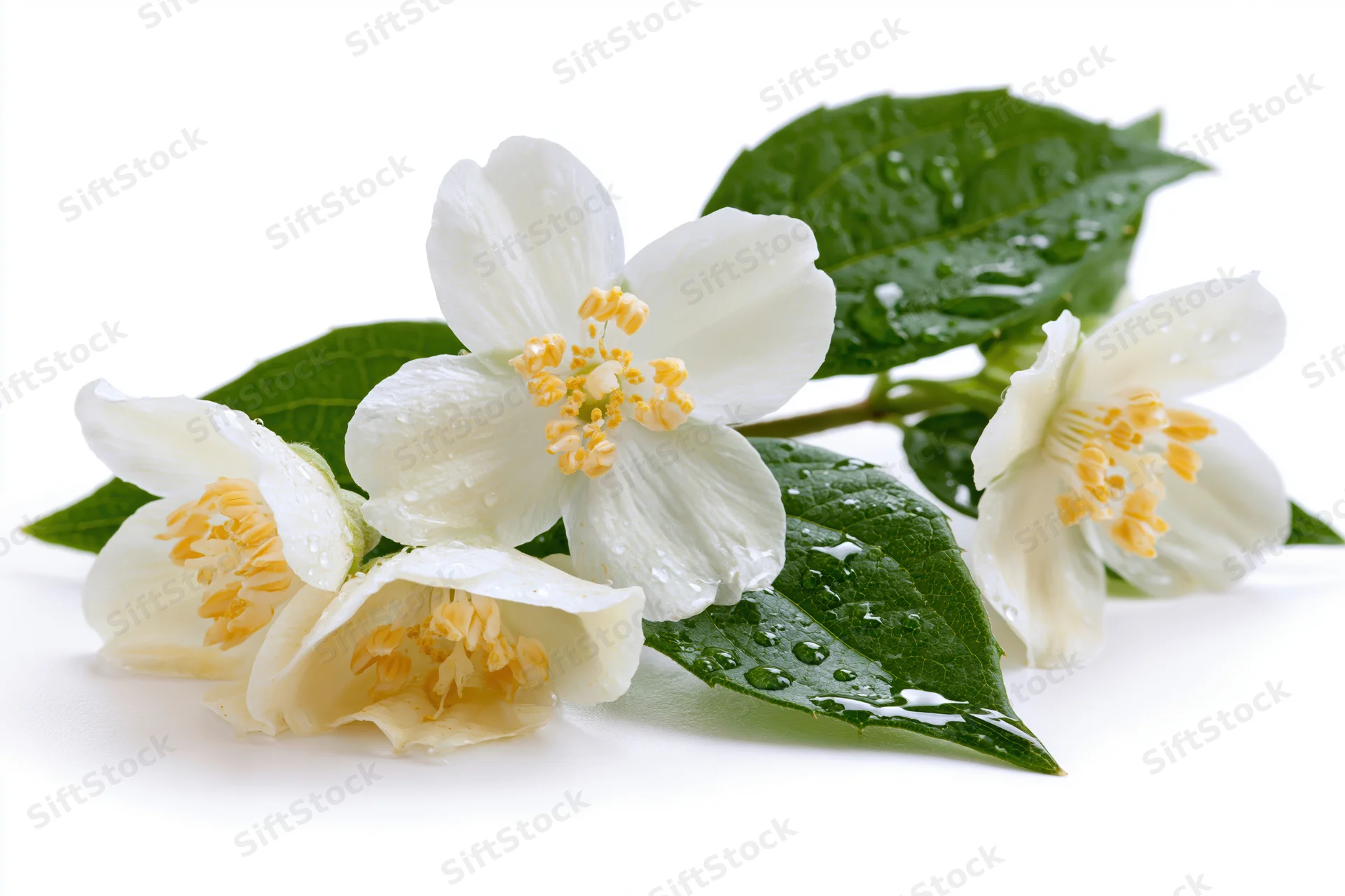 Small cluster of white jasmine flowers with yellow stamens and green leaves on white background