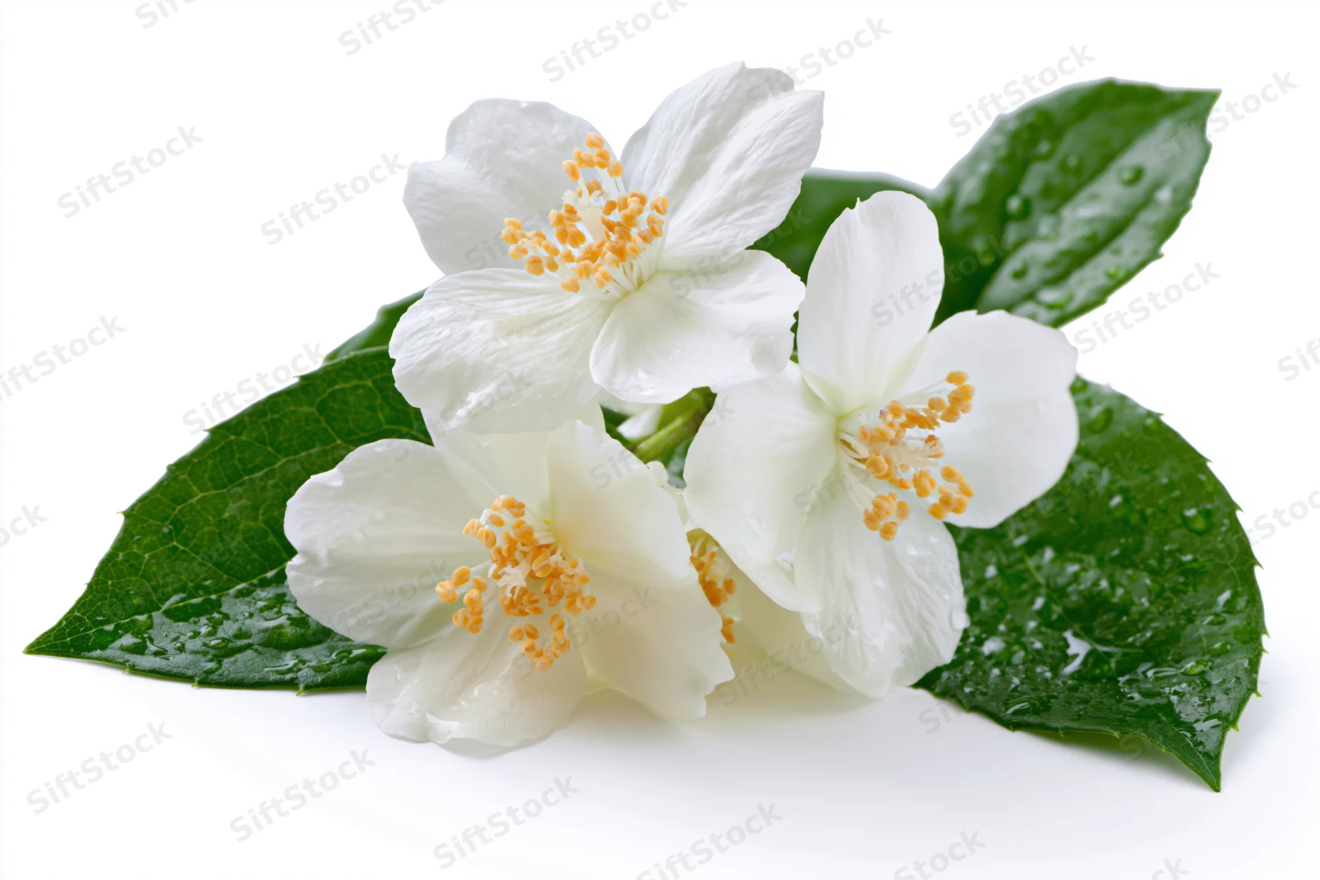 Small cluster of white jasmine flowers with yellow stamens and green leaves on white background