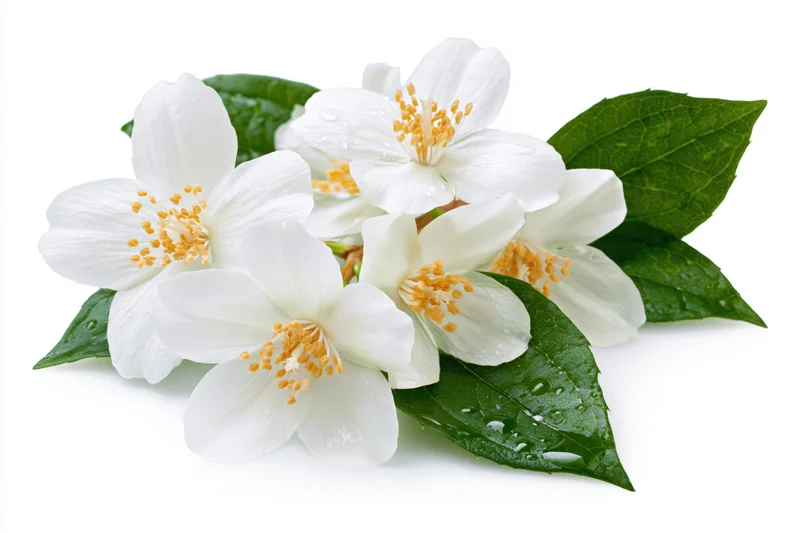 Small cluster of white jasmine flowers with yellow stamens and green leaves on white background