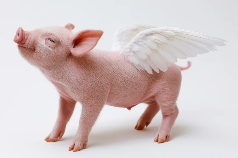 Small pink piglet with white feathered wings standing on white background, head tilted upward, wings spread
