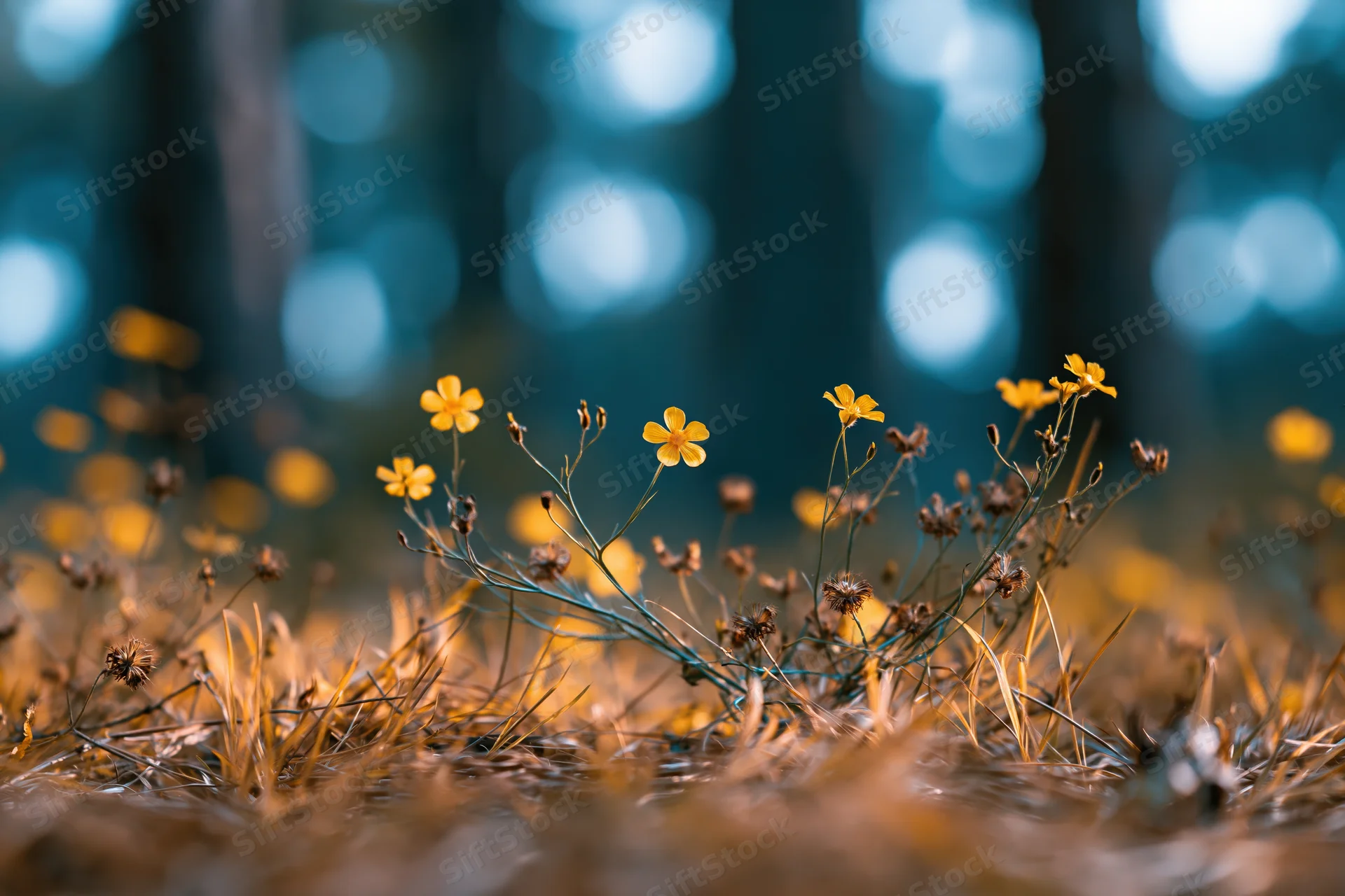 Small yellow wildflowers growing low among dry grass in a forest meadow with dappled sunlight and bokeh background