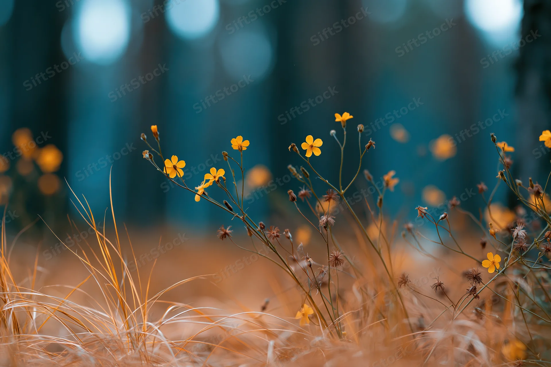 Small yellow wildflowers growing among dry grass in a field with blurred blue background